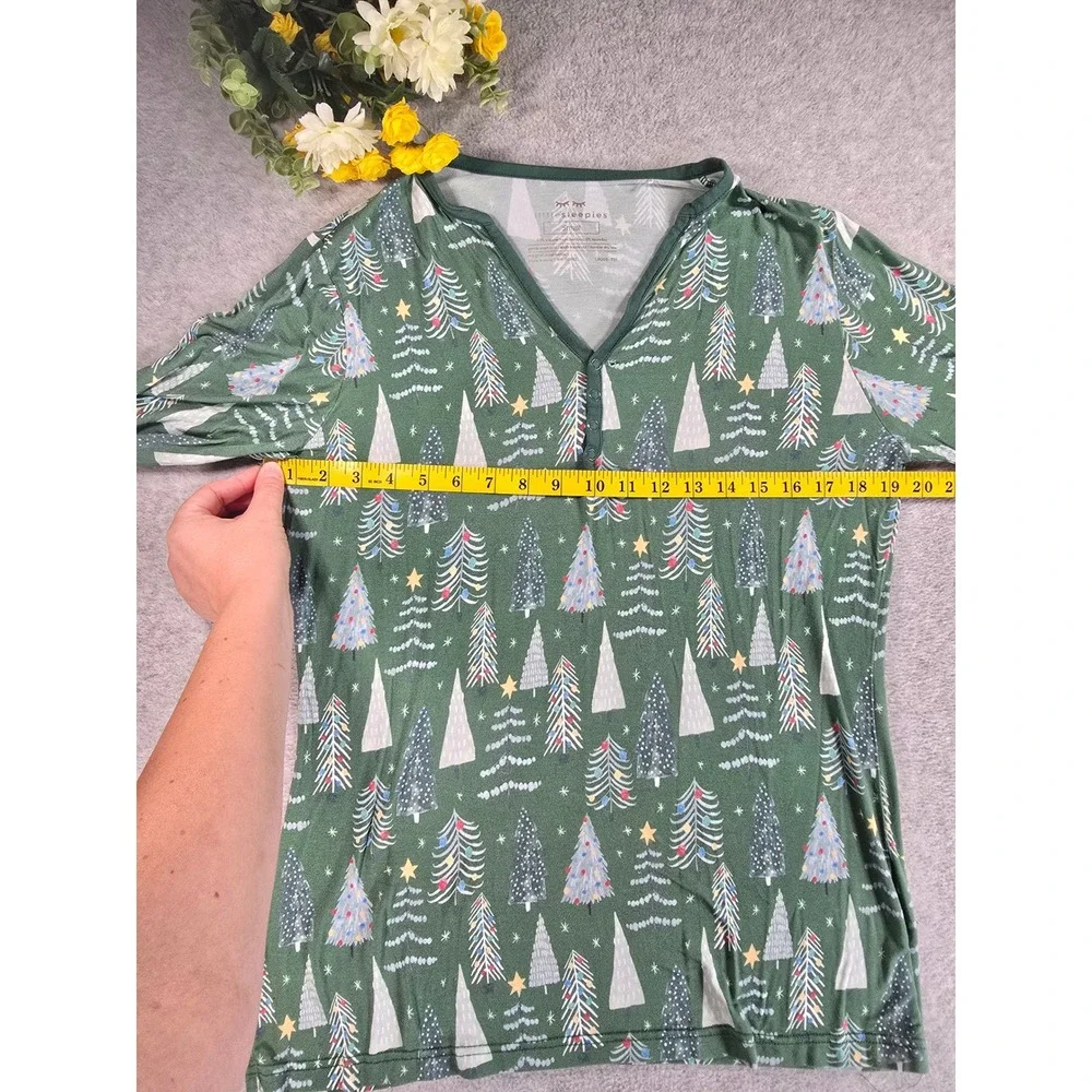 Little Sleepies Pajama Set Womens S/XS Green Christmas Trees Bamboo Lounge PJs